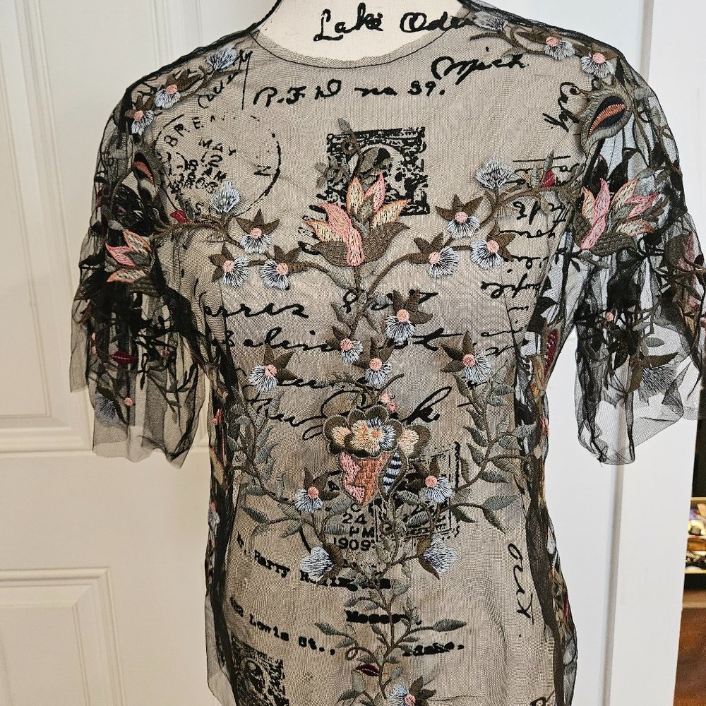 Zara Woman black netted embroidered top with flared sleeves - XS
